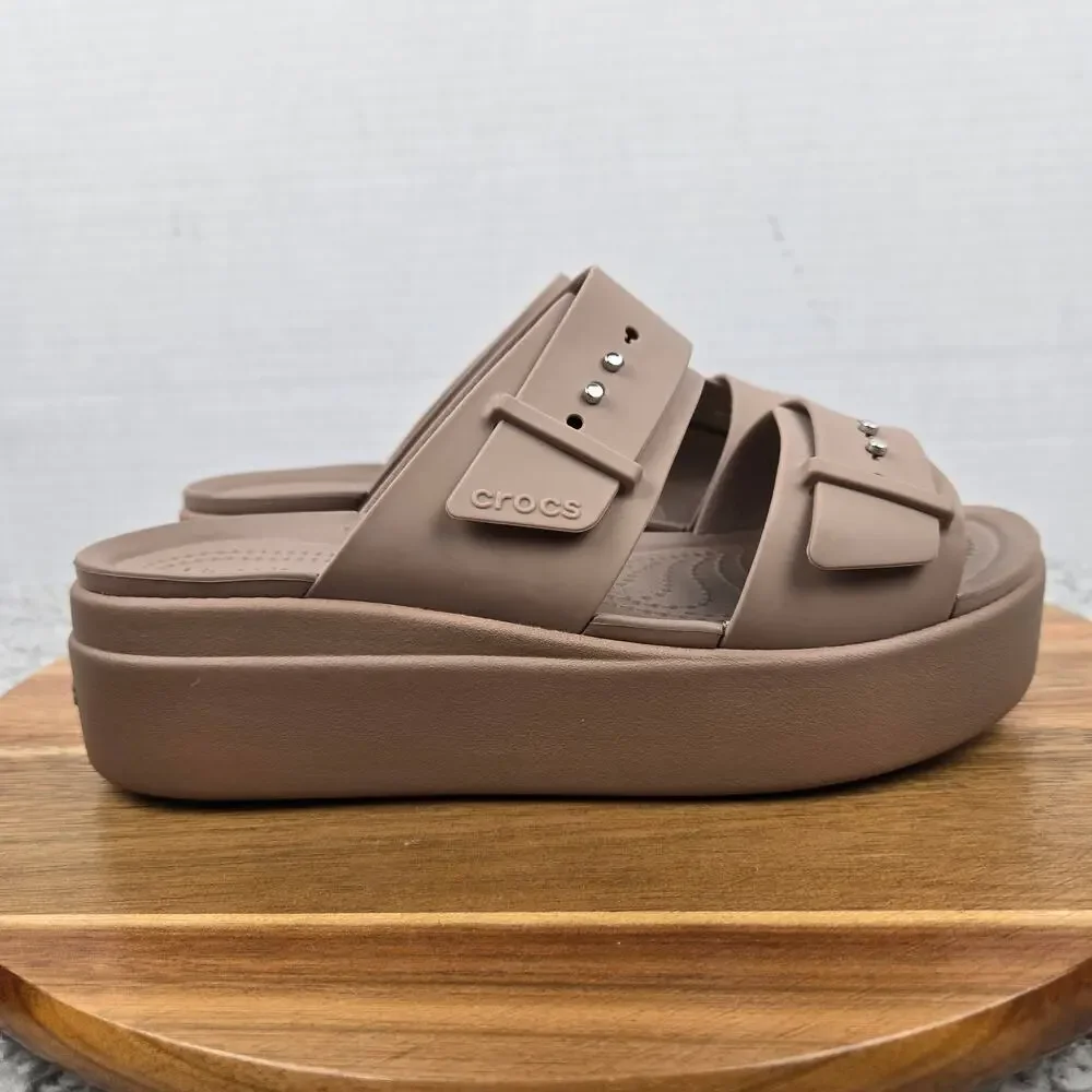 Crocs Womens 7 Brooklyn Latte Brown Buckle Low Double Strap Casual Wedge Sandal